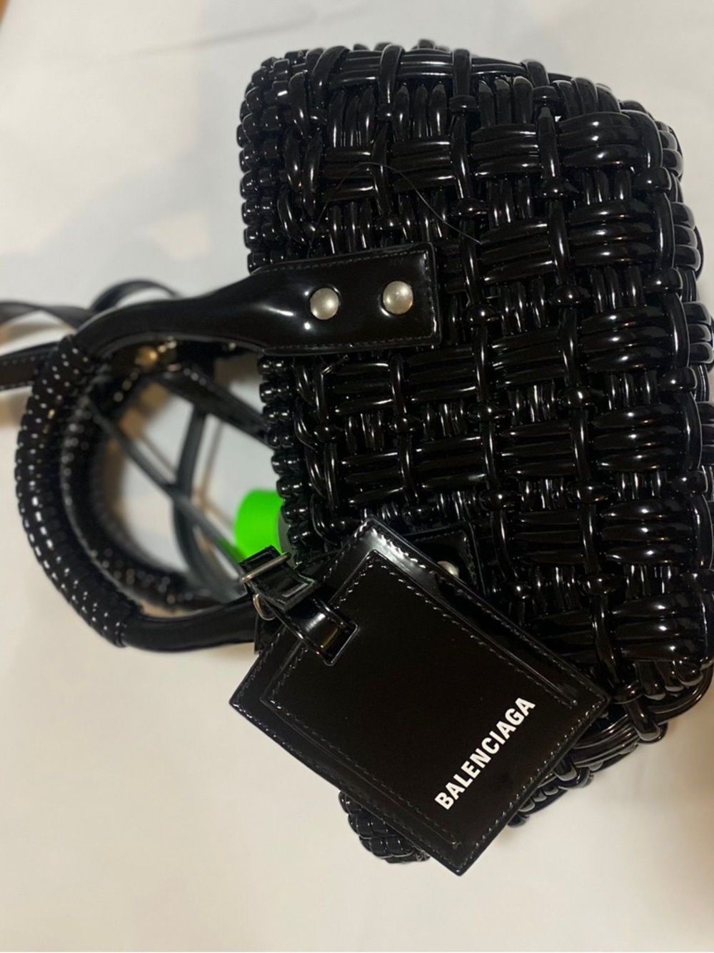 Balenciaga Glossy Black Woven Mini Bag with Branded Tag